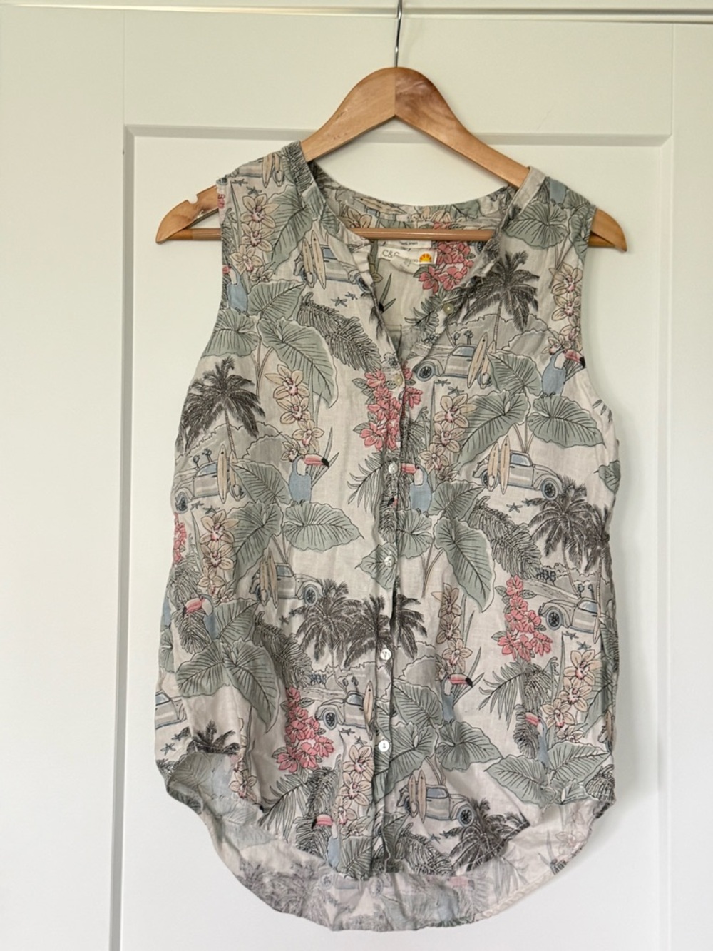 Linen c&c Tropical Print Sleeveless Button Front Top - Cream/Green